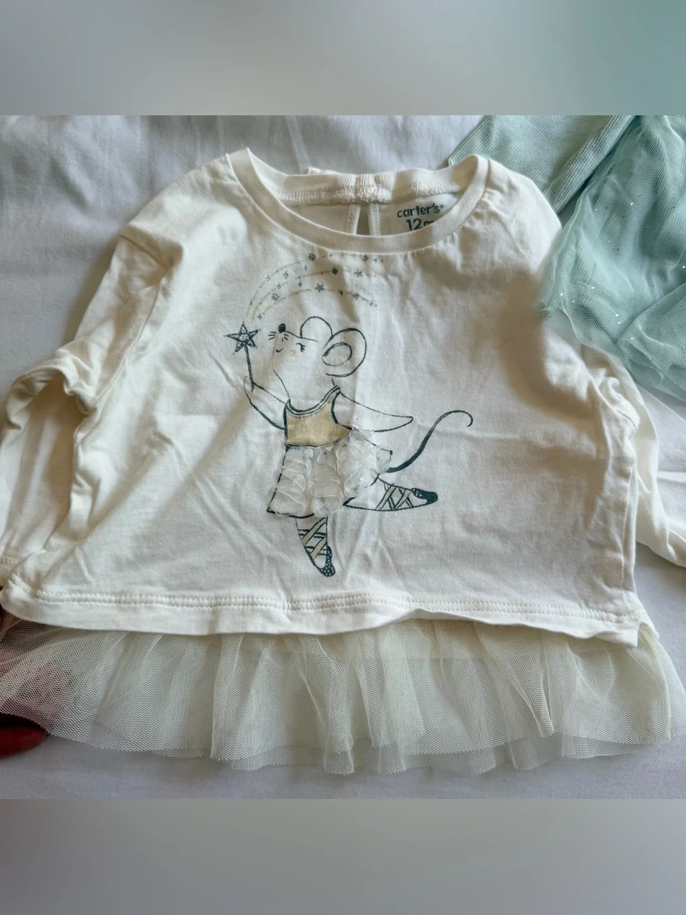 Carter's Mint Green Sparkling Long-Sleeve Tulle Top & Cream Mouse Tulle Hem Tee